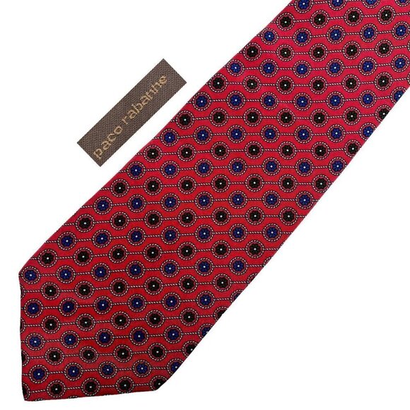 PACO RABANNE Red Silk Retro Floral and Chain Pattern Tie - Picture 1 of 7